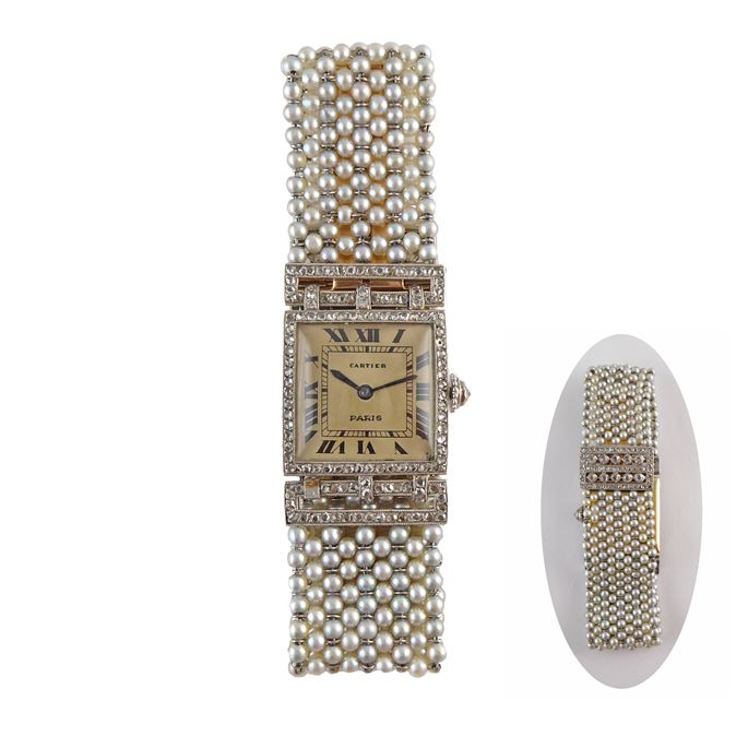 Early Art Deco diamond and pearl bracelet wristwatch by Cartier, Paris c.1920, the square dial with black Roman numerals, | MasterArt